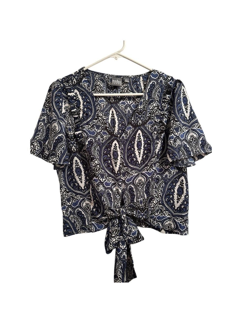 Soho Jeans Chiffon Paisley Cropped Top Summer Blouse Womens S Blue & White Bow